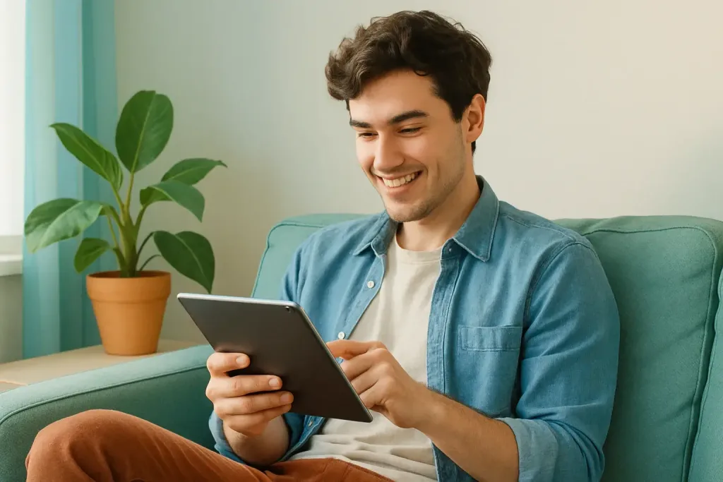 студент, изучающий онлайн-курсы на планшете в уютном месте