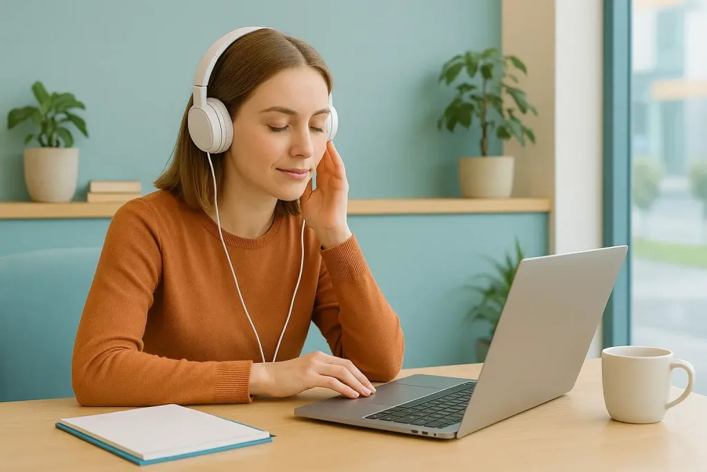 женщина в кафе, слушающая онлайн-лекцию через наушники